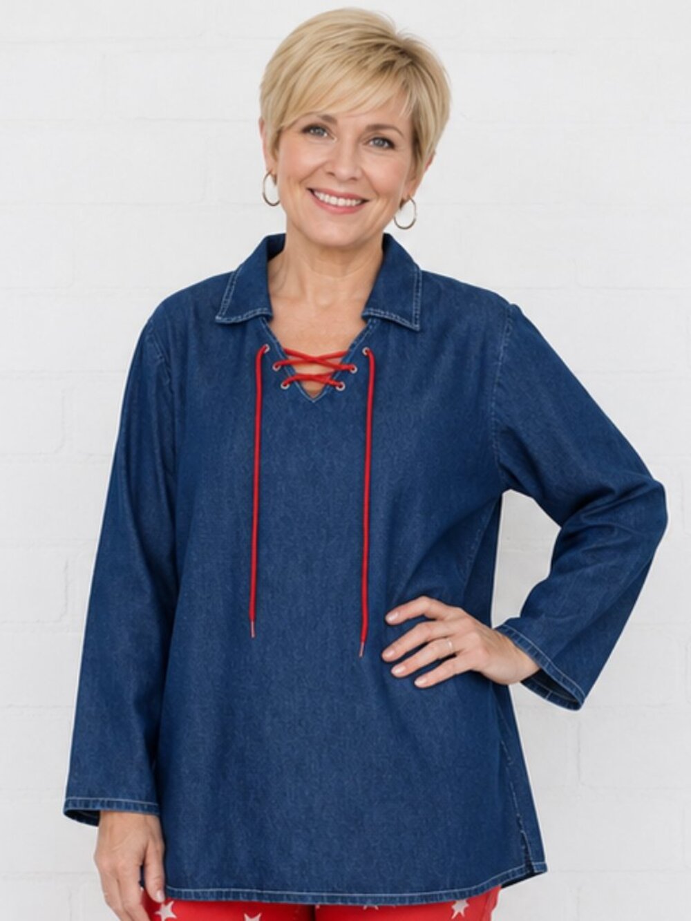 Denim & Co 1X Dark Wash Blue Denim Lace Up Neckline Pullover Tunic Top